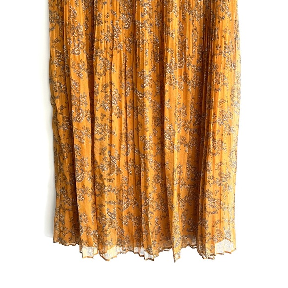 MANGO Mustard Floral Print Pleated Chiffon Tie & Elastic Waist Midi Skirt Sz M - Picture 9 of 13